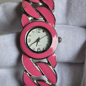 Vibrant Pink and Silver-Tone Chain Style Watch Cuff Bracelet AS-IS Need Battery